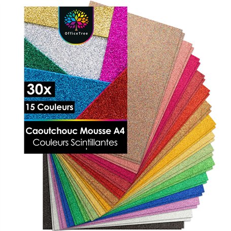 OfficeTree 30 Feuille Mousse Pailletée A4-15 Couleurs Mousse EVA 2mm - Caoutchouc Mousse Scintillant - Feuille Mousse Loisir Cre