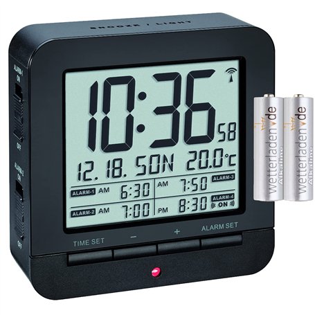 TFA Dostmann 60.2536 Réveil numérique radio-piloté de voyage 4 alarmes (noir avec piles)