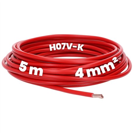 Kalitec Câble de câblage H07V-K 4 mm² rouge - 5 m - Flexible - Toron 4 mm² - Câblage fin - Câble unique - Câble monofil pour arm