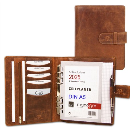 ALMADIH agenda personnel A5 en cuir avec mécanisme + calendrier 2025 marron deluxe – Portefolio Porte documents Agenda personnel