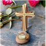 Kaltner Präsente Idée cadeau – Croix crucifix en bois de hêtre véritable avec bougie chauffe-plat 25 cm moderne