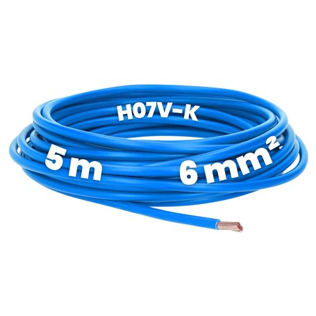 Kalitec Câble de câblage H07V-K 6 mm² bleu - 5 m - Flexible - Toron 6 mm² - Câblage à fils fins - Câble unique - Câble monofil p