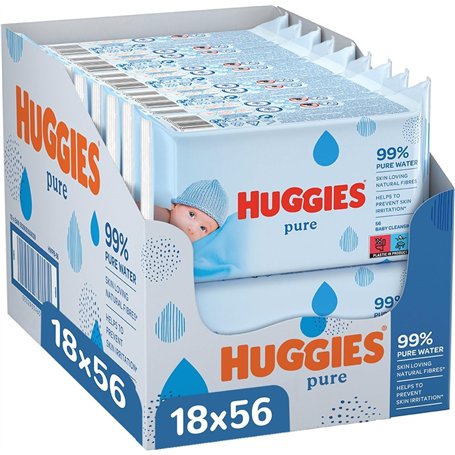 Huggies lingettes bébé Pure - 18 paquets de 56 lingettes (1008 lingettes) - 99% d'eau pure - sans parfum - fibres naturelles - n