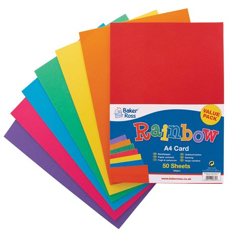 Baker Ross AV535 Lot de 50 feuilles cartonnées aux couleurs de l'arc-en-ciel A4 (220 g/m²)