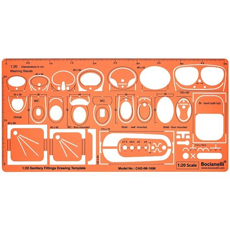 Gabarit Dessin Sanitaire 1:20 - Gabarit Architecte 1/20 - Normographe Sanitaire 1/20 - Pochoir Architecture - Gabarit de Mobilie