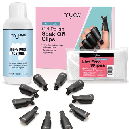Mylee Kit Dissolvant Pour Vernis à Ongles Gel – Acétone pur 300 ml + 100 Lingettes Non Pelucheuses + 10 pinces à ongles – Tampon