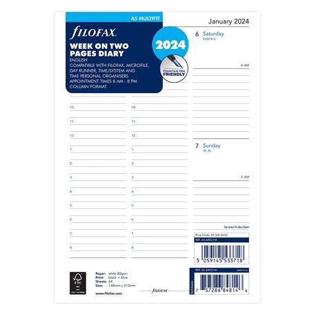 Filofax Agenda 2024 2024 blanc A5 - Semaine sur 2 pages - Format A5