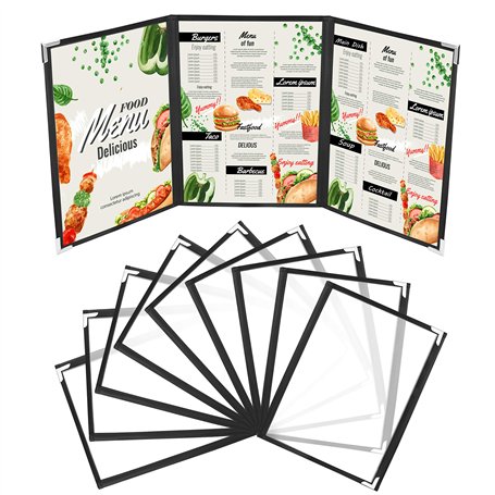Kurtzy Protege Menu A4 Triple Fold (Lot de 10) - Protège Carte Présentoir Transparent en Vinyle et Reliure Noire Style Américain