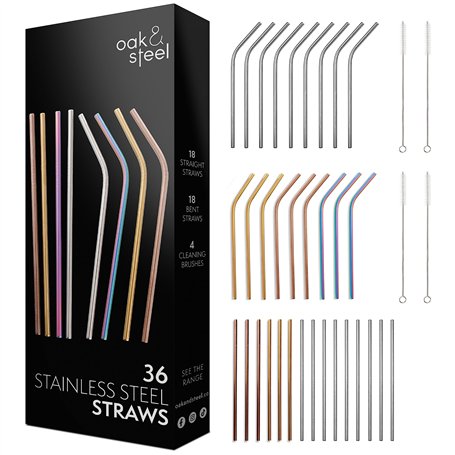 Oak & Steel - 36 Pailles en Acier Inoxydable & 4 Brosses avec Boîte-Cadeau (4 Couleurs) - Écologiques