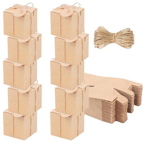 Belle Vous Lot de 100 Boite Cadeau Craft Marron - 5 x 5 x 5 cm - Petite Boite Carton avec Corde de Jute pour Cadeau de Fêtes