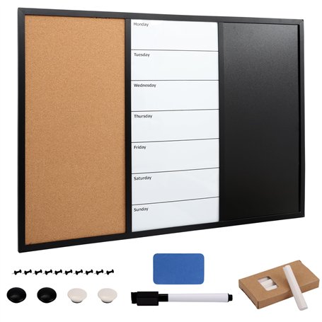 Kurtzy Combinaison 3 en 1 d’un Tableau en Liège avec un Tableau Blanc et un Tableau Noir - 90 x 60cm - Tableau Magnétique Effaça