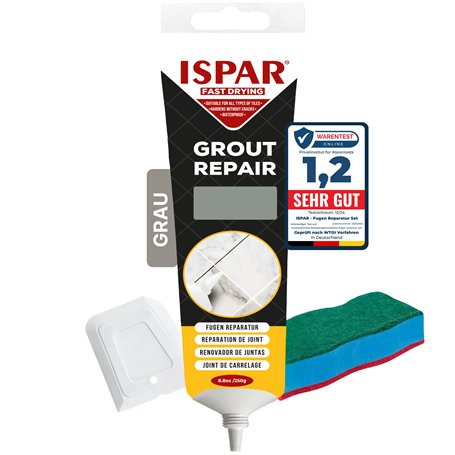 ISPAR Mortier de joints gris 250 g – Enduit prêt à l'emploi pour joints de carrelage avec spatule – Peinture pour réparation des