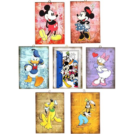 Disney Lot de 7 tableaux Mickey Minnie Mouse Doland Daisy Duck Goofy Pluto Style Vintage Série Bandes dessinées de collection Im