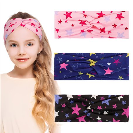3pcs Bandeaux Large Cheveux Fille Headband Serre Tête Élastique Forme Étoile Dessin Animé en Tissu Bleu Rose Noir Bandeau de Cou