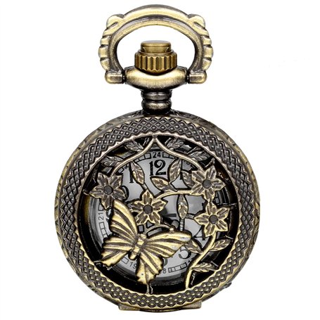 JewelryWe Montre de Poche à Gousset Pendantif Mode Rétro Creux Papillon Fleurs Ronde Bronze Pendentif Collier Chaîne