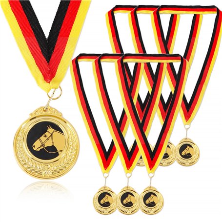 GEBETTER 6Pcs Médaille Allemand Médaille d’Or Equitation pour Gagnant Trophée Jouet Sport avec Ruban Noir Rouge Jaune