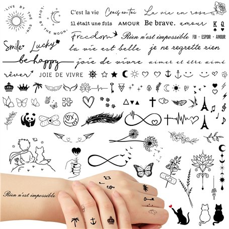 6Feuilles Tatouage Temporaire Français Faux Tatouage Ephémère Etanche Couleur Noire Décoration Fête Cadeau pour Femme Fille