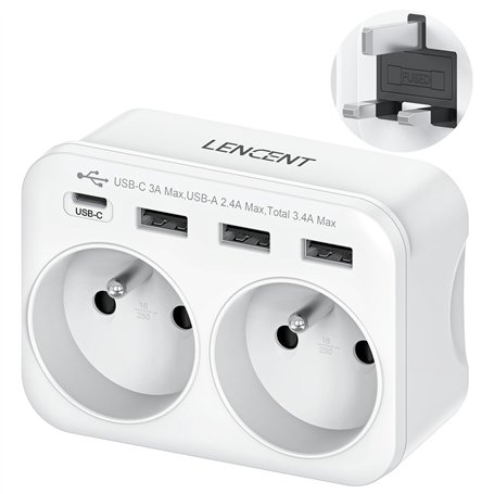 LENCENT Adaptateur Prise Anglaise/UK/Angleterre et Française avec 3 Ports USB et 1 Port USB-C adapté à Irlande