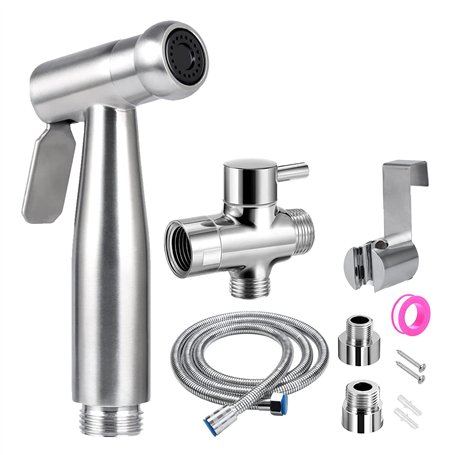 Douchette Wc Kit Complet - Kit Douchette Wc avec Vanne 3 Voies (1/2"-3/8") I Tailles Standards France (Argent)