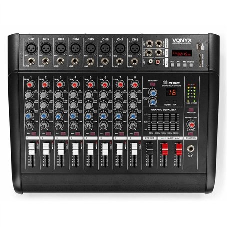 VONYX AM8A Table de Mixage 8 Canaux avec Amplificateur 1000 Watts Intégré