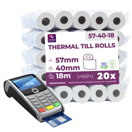 Rouleau tpe 57mm x 18m x 12mm – Rouleaux pour terminal carte bancaire – Bobine papier thermique 57x40x12 - sans BPA (20 Bobines)