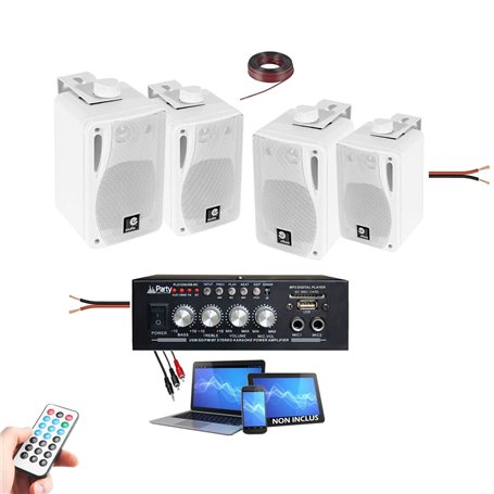 Party Light & Sound - Pack HiFi Magasin Restauration Ampli PLS1250USB-RC Fonction Tuner USB Bluetooth - Télécommande - 4 Enceint