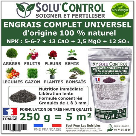 250 g d'ENGRAIS COMPLET universel et équilibré - SoluControl - UAB - Utilisable en Agriculture BIOLOGIQUE