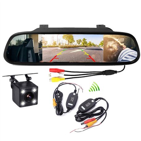VIGORFLYRUN PARTS LTD 4.3" Rétroviseur Moniteur pour Voiture + 4LED Caméra de Recul Vision Nocturne émetteur sans Fil