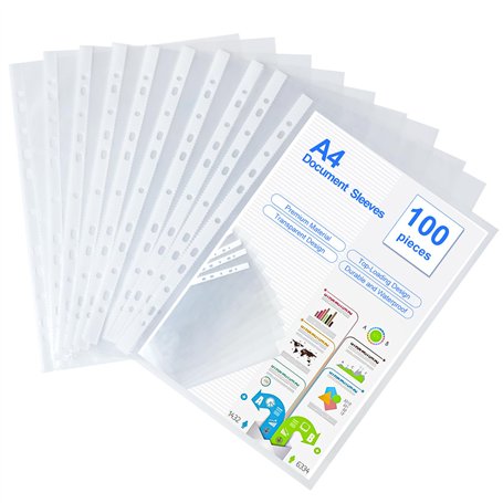 100 Pochettes Perforée Perforées A4 Pochettes Transparentes Pochettes en plastique PP pour la conservation et la protection des