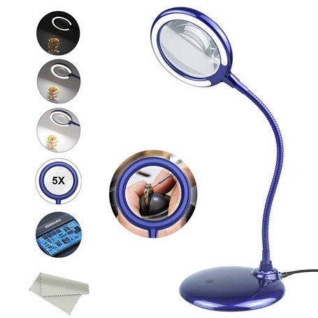 Delixike Lampe loupe rechargeable à intensité variable 5x - Mains libres avec lumière et support 28 LED Pour personnes âgées