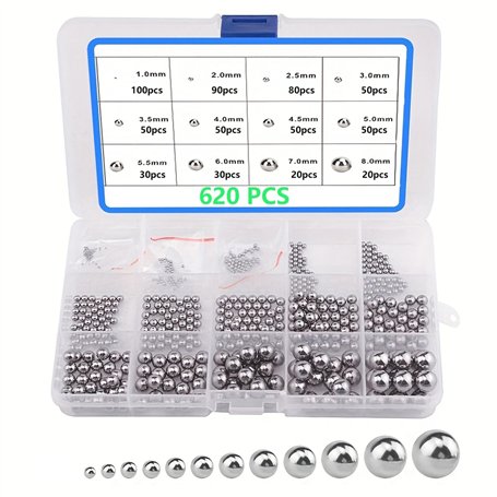 LNGJIN Lot de 620 boules de roulement à billes en acier inoxydable - 12 tailles - 1 à 8 mm - Convient pour les roulements de rou