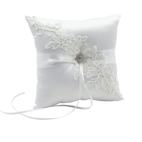Coussin D’alliances Porteur Oreiller Anneau - Bagues Mariage Romantique Bague de Forme carrée avec dentelle Bowknot Satin et Str