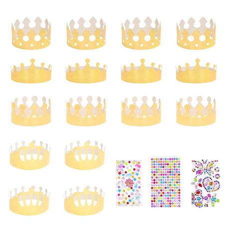 16pcs chapeaux de couronne de papier de fête d'or avec 111pcs autocollants de diamant de lettre de nombre coloré de paillettes s