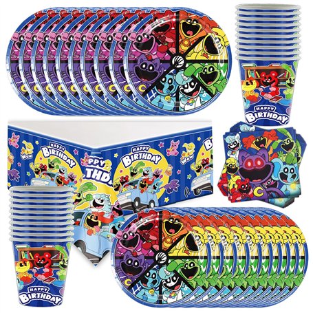 Critters Lot de 61 ustensiles de table souriants Thème jeu d'horreur Vaisselle de fête d'anniversaire pour enfants 20 personnes