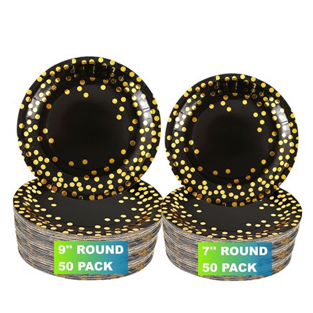 CEILIWEN Assiettes rondes jetables noires et dorées