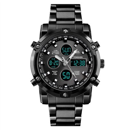 TONSHEN Hommes Montre Bracelet Digital Acier Inoxydable Analogique Quartz Double Temps LED Affichage Sport Tactique Militaire Mo
