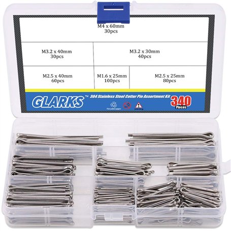Glarks 340-pieces 6 tailles en acier inoxydable 304 Cotter Pin Clip principales ultraconfortables Assortiment kit de montage pou