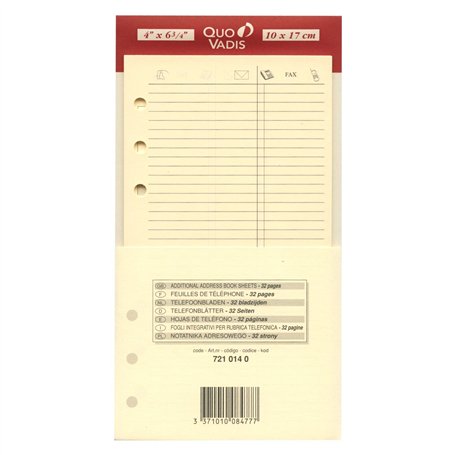 Quo Vadis - Accessoires de TIMER - Recharge FEUILLES TELEPHONE pour TIMER 17 - Papier ivoire Clairefontaine - Format 10x17cm