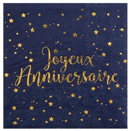 Chal - 20 Serviettes Bleu Marine et Or Joyeux Anniversaire
