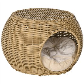 PawHut Niche pour Chat lit pour Chat Panier Chat masion de Chat en résine tresée Imitation rotin Coussin Doux Ø 40 x 30 cm Marro