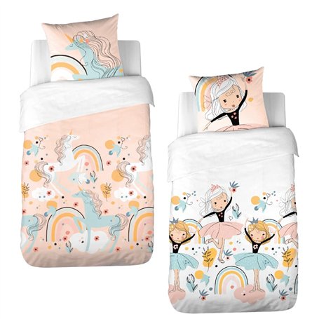 CÔTE DECO Parure de lit Enfant Réversible Licorne et Danseuse Rose Housse de Couette 140x200cm + 1 taie d'oreiller 63x63cm