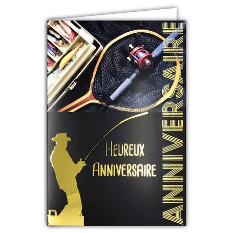 Carte ANNIVERSAIRE en Or Doré Brillant pour Pêcheur à la ligne Canne Moulinet épuisette Appâts Poissons Animaux Nature Livrée av