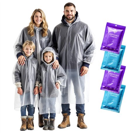 ZENO Poncho Pluie Imperméable Jetable - Pack Familial - Cape de Pluie Femme Homme - Poncho Enfant Transparent avec Capuche - Imp