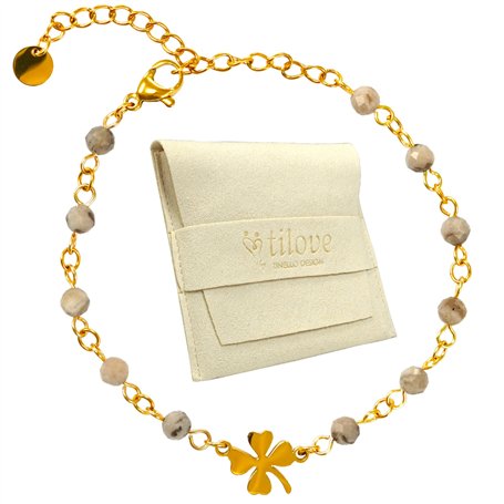 TILOVE - Bracelet en Pierre Naturelle Labradorite Lithothérapie pour Femme avec Trèfle Porte Bonheur en Acier Inoxydable. Conçu