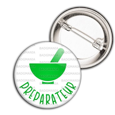 Badgmania Badge Broche 3.8cm Identifiant Pharmacie | Préparateur en Pharmacie | Mortier Vert Fond Blanc