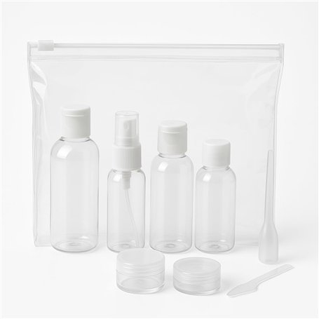 AZENCIA Kit Flacons Voyage Avion Cabine – 8 Pièces Format 100ml TSA | Trousse Transparente avec Spray
