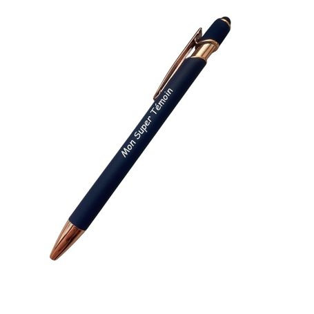 Stylo en métal bleu nuit gravé "Mon Super Témoin" livré avec sa petite pochette noire en velours