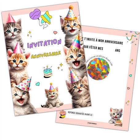 STUDIO MANALI 12 cartes invitation anniversaire à gratter enfant fille et garçon - 12 enveloppes - 12 stickers - theme CHATS