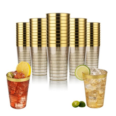 Gobelet en Plastique Premium Réutilisable de 330 ml avec Bord Doré - 50 Gobelets Élégants sans BPA pour Fête de Mariage