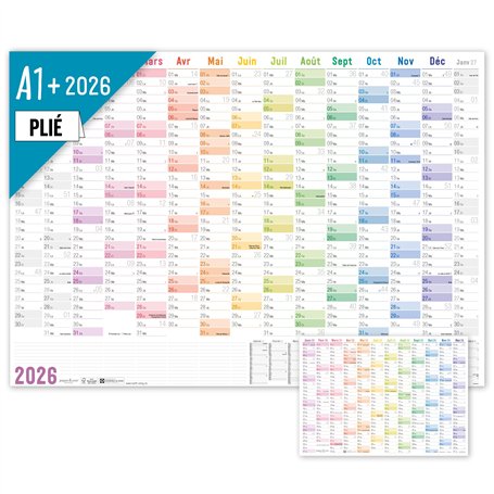 Häfft® Calendrier mural XXL 2026 A1+ en français (63 x 89 cm) plié "Rainbow" + agenda annuel A4 gratuit